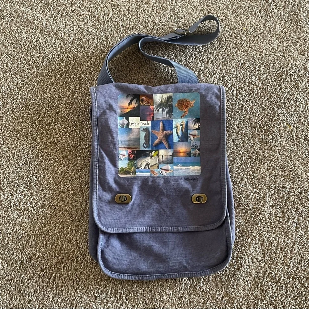 Dharma Love Life’s a Beach Blue Canvas Messenger Book Bag Crossbody Ocean Relax